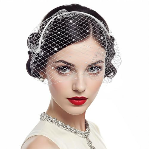 GEEHUA Braut Schleier Stirnband, Hochzeit Fascinator Damen aus Netzstoff Vogelkäfigschleier Vintage Spitzenschleier Kopfbedeckung im 1920er Jahre Stil Halloween Zubehör(Weiß)