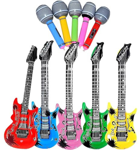 10 Stück Aufblasbare Party Props, 5 Aufblasbares Gitarre 5 Aufblasbares Mikrofone, Gitarre Aufblasbar, Mikrofon Aufblasbar, Kinder Ornament Karaoke, für Mottopartys, Cosplay