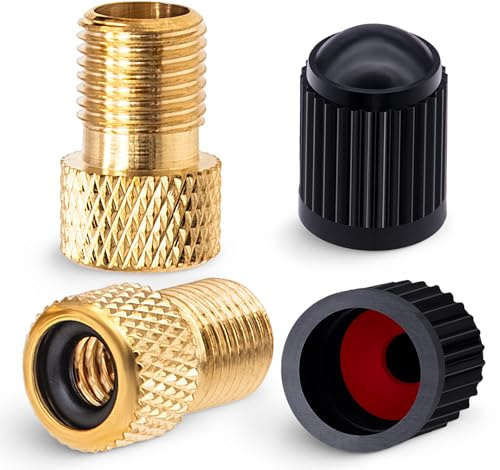 MEAJOO 2PCS Brass Presta Valve Adapter, Convert Presta to Schrader Adaptor, Inflate Tire Using Standard Pump or Air Compressor for Bikes, 2 Pack Black Tire Valve Caps(Reticulated Grain Style)