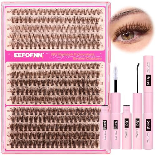 Eefofnn Brown Eyelash Clusters Kit 300 Pcs Natural Lash Clusters Kit 30P+40P+50P Brown Eyelash Extensions Kit Wispy Lashes Individual Cluster Bond and Seal Glue Fluff Lash Extension Kit DIY at Home