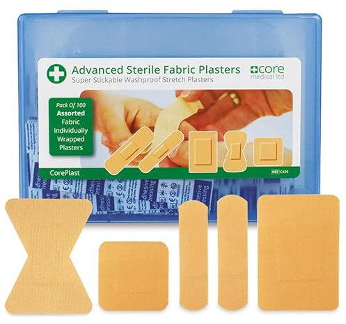 CorePlast Sterile Assorted Washproof Fabric Plasters Pack of 100, Tough, Sticky, Finger Stretchable Medical Plasters for Home, Work, First Aid Kits. Easy-Open, Cushioned Wound Support