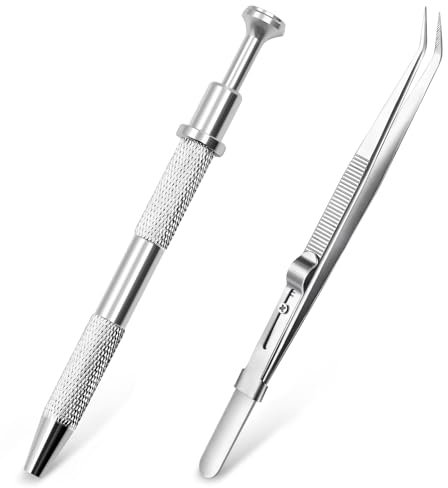 2 PCS Jewelry Pickup Tools, Piercing Ball Grabber with 4 Grippers, Stainless Steel Elbow Tweezers, Self-Locking Tweezers for Grabbing Small Parts