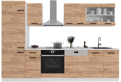Vicco Küchenzeile R-Line, Goldkraft Eiche/Weiß, 300 cm | 8 Module · Höhenverstellbare Füße · Arbeitsplatte Marmor · Robuste Fronten · Mit Kühlschrankumbauschrank · Frei kombinierbar