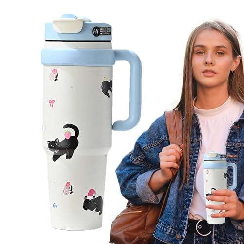 Bsbkoj Insulated Tumblers With Handles, Modern Leakproof Bottle, 1000ml Reusable Tumbler, Cupholder-Friendly Iced Coffee Cup Compact Versatile Ideal for Mom, Grandma, Travel, Workplace