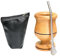 Taza Mate Argentino de Madera de Algarrobo Tallada a Mano + Bombilla Acero Inoxidable Pico de Loro + Sobre Contenedor Yerba Mate Cuero Negro