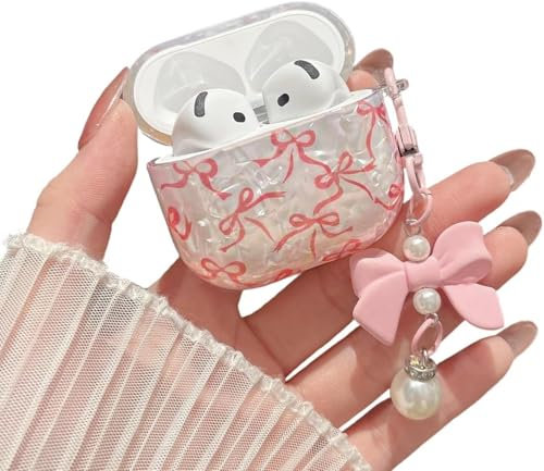MINSCOSE für Cute Glitter AirPods 4 Hülle, Shell Pattern Bow Ribbon Trendy Design mit Bowknot Pearl Keychain, schützende stoßfeste Hülle für Apple Airpods iPod 4 Generation für Frauen Girl-Pink