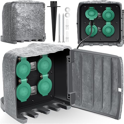 KESSER® Gartensteckdose Steinoptik mit 4 Steckplätzen, Mehrfachsteckdosen aussen mit 3m Kabel Außensteckdose IP44 Wasserdicht Steinsteckdose mit ON/Auto Dämmerungssensor, Inkl. Montageset, Grau