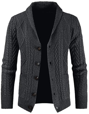 JMIERR Mens Cardigans Classic Casual Long Sleeve Shawl Collar Buttons Down Cable Knit Sweater with Pockets