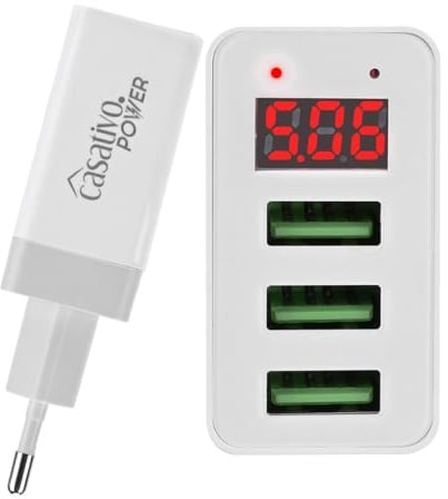 Casativo Effizientes Multi-Port USB Ladegerät mit 3 USB-A Ports & LED-Display, je 5 V/2,4 A, 3 Geräte gleichzeitig, für iPhone, Airpods, Samsung, Android, etc