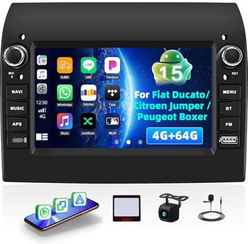 4G+64G Autoradio Android 15 per Fiat Ducato 2008-2015 Citroen Jumper/Peugeot Boxer 2011-2015 con Wireless Carplay Android Auto, 9 Autoradio Bluetooth WiFi GPS SWC FM RDS+Retrocamera Auto MIC