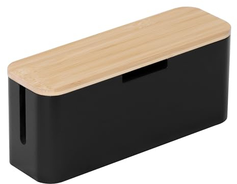 Relaxdays Kabelbox für Steckdosenleiste, Bambus, Natur/schwarz | Deckel HBT 14,5x34x11cm, Kabel verstecken, Steckdosenbox