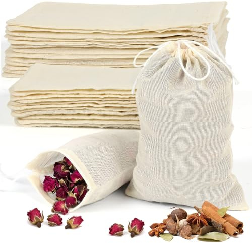 Uefegrs Reusable Muslin Tea Bags: 200-mesh Cotton Sachet Bags with Drawstring Boil-Safe for Cooking Soup - 30pcs 3 * 4in & 4 * 6in Spice Bags for Bathing Unbleached