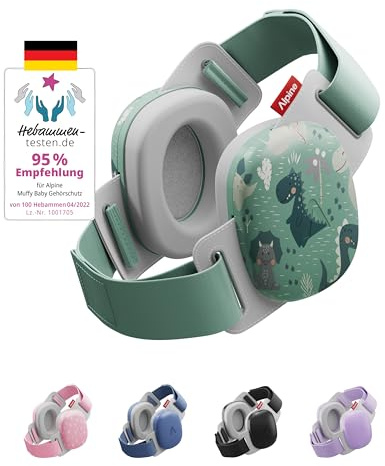 Alpine Muffy Baby Comfort Gehörschutz Kopfhörer, 24 dB, bis 5 Jahre, Dinos | Einzigartiges Kopfband für sicheren & bequemen Sitz, einfach verstellbar. Lärmschutz für Babys & Kleinkinder. Dünn & leicht.