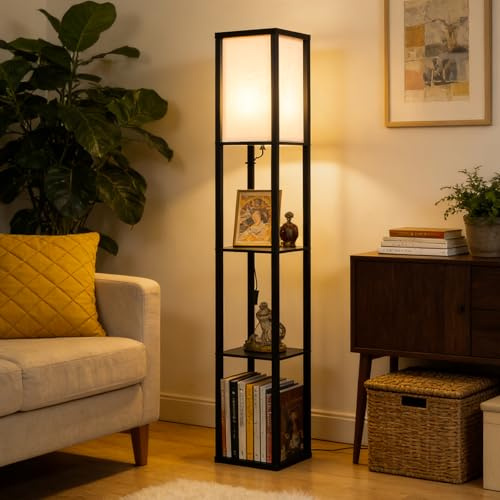 Ledivion Floor Lamp with Shelves, 3 Layers Wooden Shelf Lamp, Morden Tall Standing Lamp, Black Floor Lamps for Living Room, Bedroom, Office, Home Decoration, Includes 9w LED Bulb (2700K Warm White)