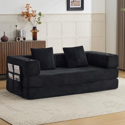 Kuczn 2 Sitzer Schlafsofa aus Corduroy, Boneless Couch mit schlaffunktion, ausklappbar zum Bodensofa, Sofa Bed mit Kissen, Getränkehalter&Seitentasche, Für Wohnzimmer und Schlafzimme