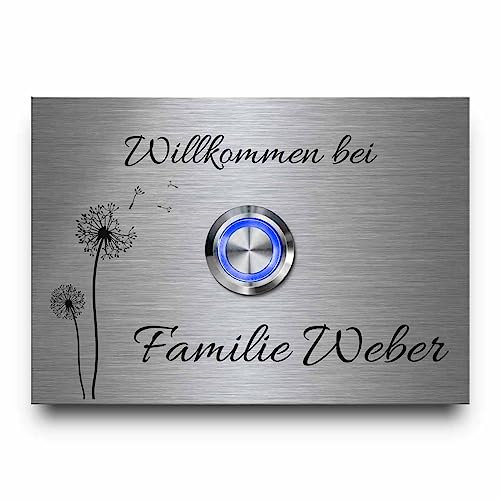 Türklingel Edelstahl - Klingel mit Namen und Gravur Text ab 10x7 cm - Modell Weber | Klingelplatte mit beleuchtetem Klingelknopf und vielen schönen Motiven