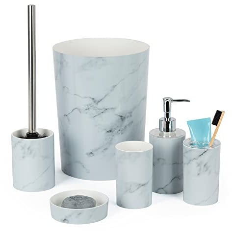 LIVIVO Stylish 6pc Bathroom & Sink Accessory Set - Modern Vanity Organiser Kit Include Tumbler, Toothbrush & Toilet Brush Holder, Lotion Dispenser, Soap Dish & Trash Bin (White Marble)