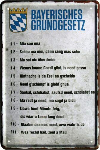 WOGEKA ART Retro Blechschild - Bayerisches Grundgesetz Bayern, München - witziger Spruch als Geschenk-Idee zum Geburtstag Weihnachten Dekoration 20x30 cm Vintage-Design Metall 1247