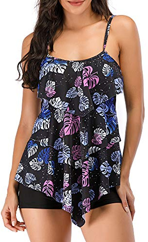 FLYILY Maillot de Bain 2 Pièces Femme Tankini Ensembles à Volants Maillot Haut Imprimé avec Short de Garçon(MutilLeaf,L)
