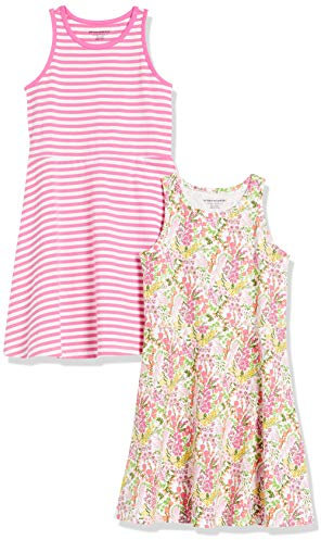 Amazon Essentials Vestidos de Punto sin Mangas Niña, Pack de 2, Blanco Floral/Rosa Rayas, 10 años