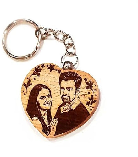 GFTBX Porte-clés photo personnalisé en bois (beige, bois, cœur)