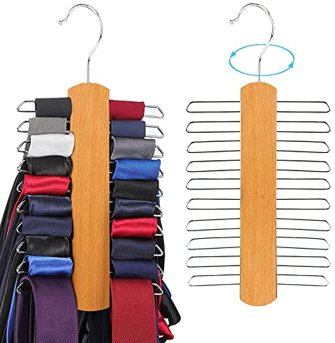2 Stück 360 Grad Drehbarer Krawattemhalter, Gürtelhalter, Holz Kleiderbügel Krawattemhalter, mit 20 Metallregale, für Gürtel, Schal, Krawatte Aufbewahrung