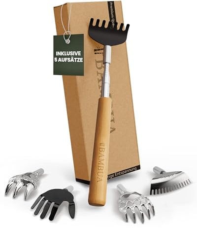 BAMBUA Rascador Espalda Extensible - (Incluye 5 Accesorios) Mango de Bambú - Para Sensaciones Reconfortantes de Rascado - Set de Rascador de Espalda de Acero Inoxidable Premium - Ideal como Regalo