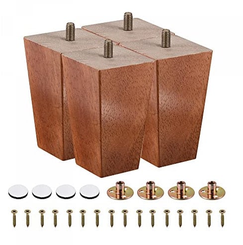 sourcing map Furniture Legs, 4 Inch(100mm) Set of 4 Square Solid Wood Couch Legs Chair Table Feet Sofa Support Replacement Parts, with Accessories, Brown