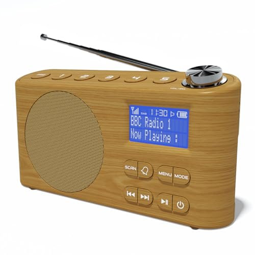 DAB/DAB+ & FM Portable Digital Radio | Bluetooth | Rechargeable Battery | Dual Alarms & Sleep Timer | Perfect for Home, Office or Outdoors | AZATOM Solo B1 (Oak)