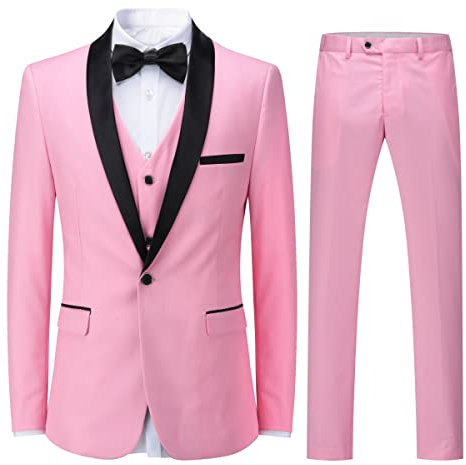 Sliktaa Abito da uomo a 3 pezzi, con vestibilità aderente e collo a scialle, in tessuto in tinta unita, completo classico, per lavoro, Colore: rosa., S