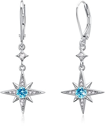 Stern Ohrringe 925 Sterling Silber Tropfen Ohrringe Achtzackiger Stern Hänge Ohrringe Blauer Geburtsstein Schmuck für Mädchen Mutter Damen