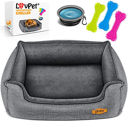 Lovpet® Hundebett Hundekissen Hundekorb Chiller, Inkl. Napf + 3X Kauknochen, Hundesofa Kissen für Kleine, Mittelgroße & Große Hunde, Bezug abnehmbar und waschbar, L 90 x 75 x 25 cm Grau