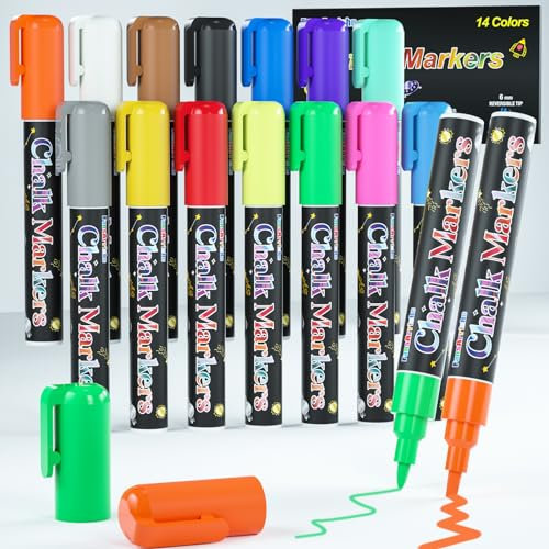 FansArriche Rotuladores Tiza Liquida 14 Colores- No Tóxicos para Ventanas, Rotuladores Pizarra Blanca, Marcadores de Ventana Lavables para Vidrio, Punta Reversible de Bala y Cincel