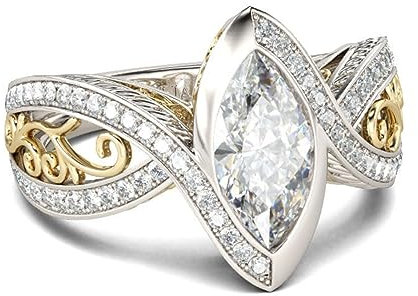 Jeulia Bague vintage en argent sterling bicolore taille marquise pour femme et fille avec boîte à bijoux (Argent, Or Jaune, 54(17.3))