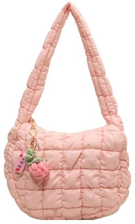 SUNAVY Handtasche Klein Hobo Bag Halbmond Gesteppte Tasche Kleine Umhängetasche Damen y2k Tasche Weiche Faltbare Schultertasche Damen mit Reißverschluss Puffer Tote Bag (Rosa)