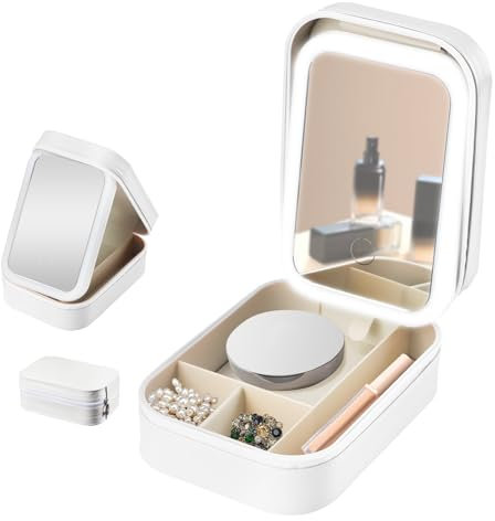 Yallmie Makeup Bag with Light up Mirror, 6.49X4.52X2.36 Inch Small Travel Makeup case 4 Compartments, Portable Makeup Organizer Cosmetic Bag with Mirror for Women (White)