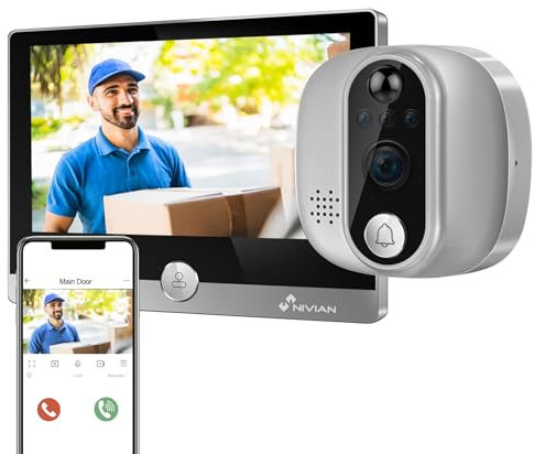 NIVIAN Spioncino Digitale WiFi - Videocamera Full HD con Batteria e Campanello, Audio Bidirezionale, Rilevamento PIR e Visione Notturna | App e Controllo da Smartphone