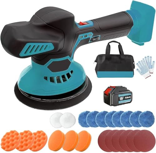 Akku Poliermaschine für Auto, 18V Schnurlose Poliermaschine, Profiset Akku Polierer Set mit 1x5.5AH Batterie（Kompatibel mit Makita） +Ladegerät und 24 PCS Aufsätze, 6 variable Geschwindigkeit, 5500RPM