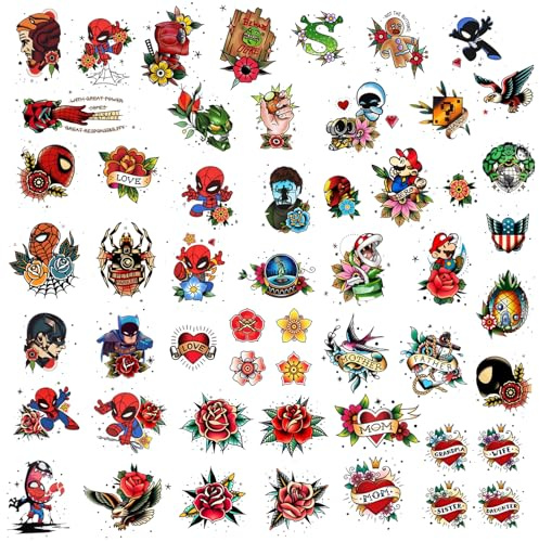 53 pezzi, set di tatuaggi temporanei di supereroe, personaggi di fumetti e disegni floreali, favore di festa, tatuaggi temporanei per adulti e bambini