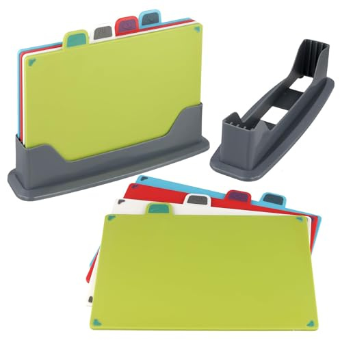 FAAING 8 Stück Schneidebretter Kunststoff Farbig Set, 4 Farben Kunststoff Frühstücksbrettchen Küchenbrett, Spülmaschinenfest Schneidebretter Set mit Ständer für Fleisch, Gemüse, Obst, Brot