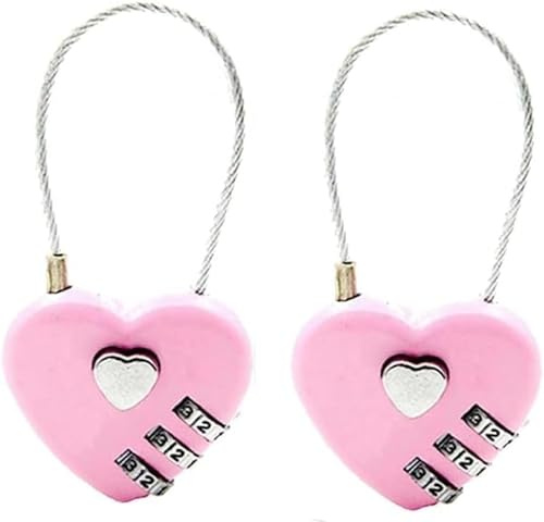 2Pcs Pink Combination Lock, 3 Digit Heart Shaped Wire Rope Padlock for School Gym Locker, Sports Locker, Fence, Toolbox, Case, Hasp Storage Combination Padlocks