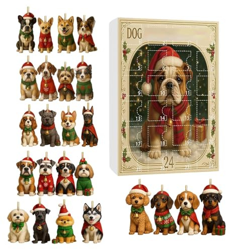 24 Days Countdown Kalender Hundeschmuck 2025, Advent Countdown Calendar 2D Acrylic Dog Ornaments, Lustig Hund Figur Adventskalender For Kids Adults Christmas Tree Window Wall Door Car Rucksack Decor