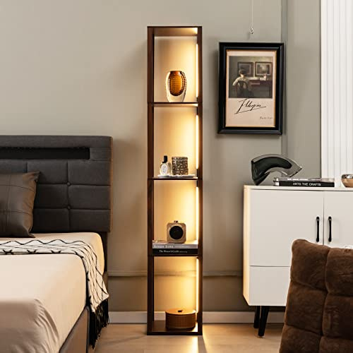 GOPLUS Lampadaire Étagères 4 Niveaux, Lampadaire de Salon sur Pied avec 3 Luminosités Réglable & Poteaux LED Rotatifs, Style Moderne, pour Bureaux, Salons, Chambres, 29 x 29 x 164 CM, Noir (Noyer)
