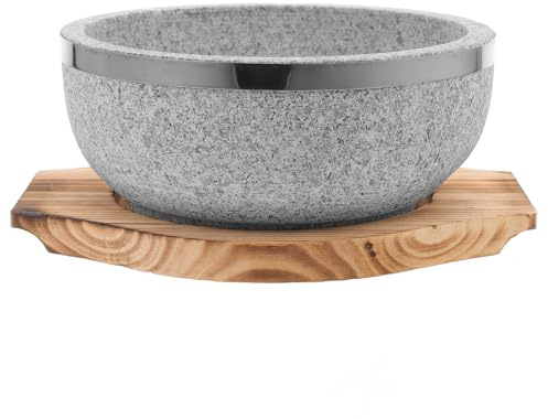 Artibetter Bol Coréen avec Plateau en Bois 800ml en Pierre Naturelle Résistant aux Hautes Températures, Facile à Nettoyer, Cuisine et Bibimbap