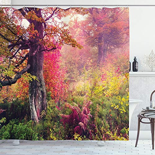 ABAKUHAUS Wald Duschvorhang, Majestic Herbst-Bäume, Stoffliches Gewebe Badezimmerdekorationsset mit Haken, 175 x 220 cm, Rot Grün Braun