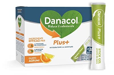 DANACOL Plus + Integratore Alimentare, Riduce il Colesterolo grazie agli Steroli Vegetali , Vitamina B1, Pronto da Bere, Senza Monacolina, 30 Stick da 15 ml (30 giorni)