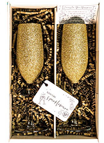 Sparkleware ® Sparkling Gold Champagne Glass Flutes in Box, Set of 2 Hand Crafted Modern Glasses - for Wedding, Christmas, Thank You or Anniversary