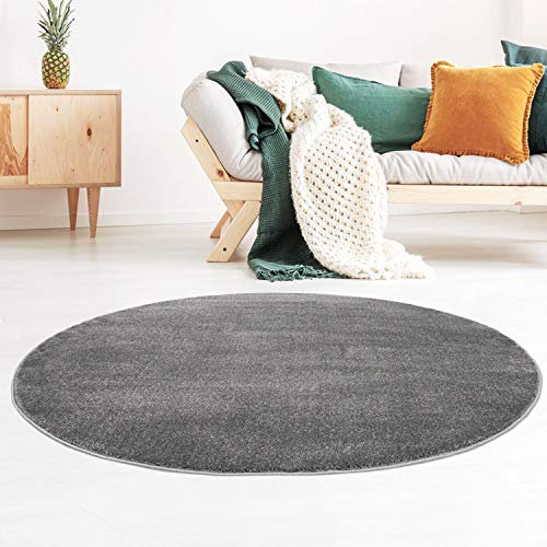 Taracarpet Kurzflor-Designer Uni Teppich extra weich fürs Wohnzimmer, Schlafzimmer, Esszimmer oder Kinderzimmer Gala dunkel-grau 120x120 cm rund