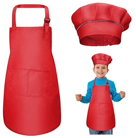 WEONE Niños Delantal y Gorro de Cocinero, Ajustable Delantal Infantil con 2 Bolsillos para Niños Niñas, Niñito Delantales de Cocina de Chef para Cocinar Hornear Pintar Artesanía (7-13 Años) (Rojo)