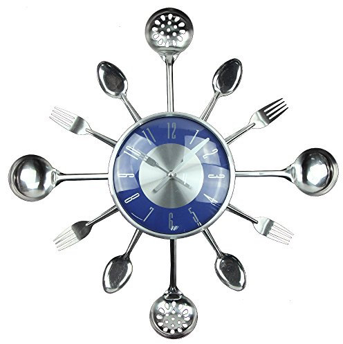 Timelike Wall Clock, 18 Metal Cutlery Utensil Kitchen Spoon Fork Wall Clock Creative Modern Home Decor Antique Style Wall Watch (Blue)